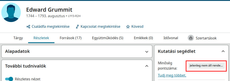 Képernyőkép egy FamilySearch-profilról annak feltüntetésével, hogy az adatminőségi mutató jelenleg nem elérhető
