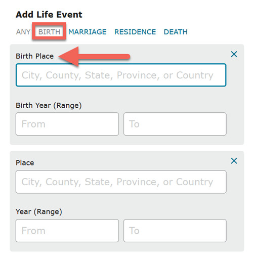 Screenshot showing how to add life event information into a search box.