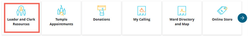 Screenshot of square buttons that link to applications, as seen on ChurchofJesusChrist.org. They include Leader and Clerk Resources, Temple Appointments, Donations, My Calling, Ward Directory and Map, and Online Store. The Leader and Clerk Resources button is highlighted.