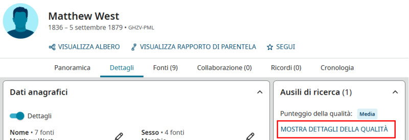 Una schermata di FamilySearch che mostra come utilizzare il punteggio della qualità dei dati