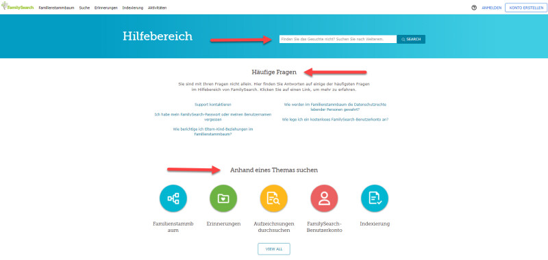 Die Startseite des Hilfebereichs von FamilySearch