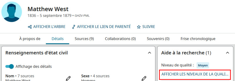 Une capture d'écran de FamilySearch montrant comment utiliser le score de qualité des données