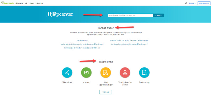 startsidan för FamilySearch Hjälpcenter