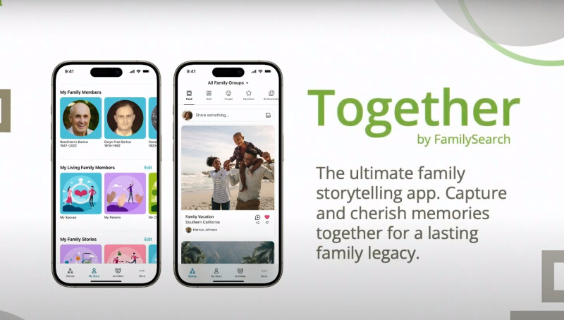 Two phones and a description of Together by FamilySearch