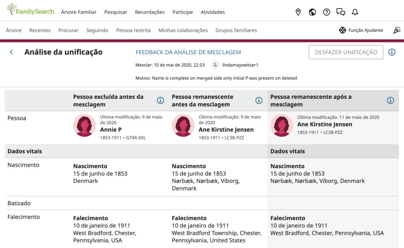 Captura de tela da visualização da Análise de unificação no site do FamilySearch.org.