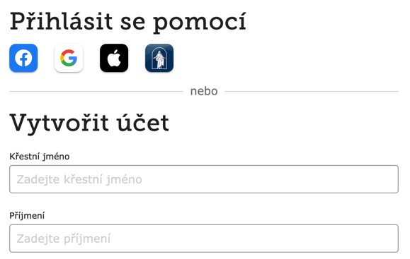 Snímek obrazovky znázorňující, jak se na stránkách FamilySearch.org přihlásit pomocí účtu na Facebooku, Google či Apple nebo účtu stránek CirkevJeziseKrista.org.
