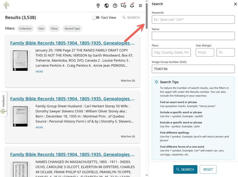 Screenshot of a full-text search of a catalog collection on FamilySearch.org.