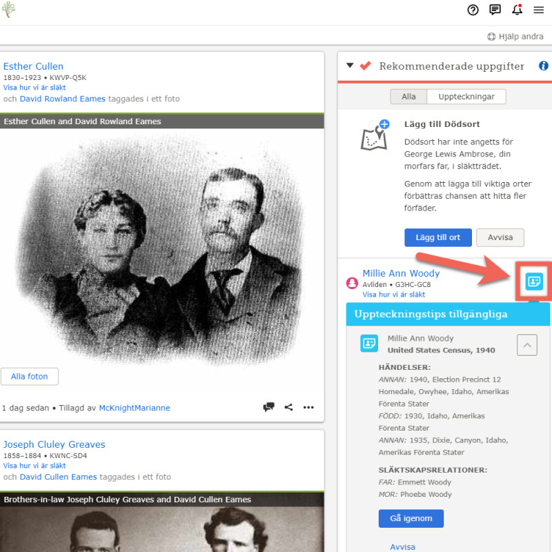 Skärmbild av FamilySearch startsida.