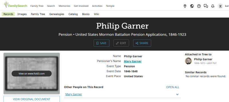 Screenshot of Phillip Garner's information in the Mormon Battalion pension applications.
