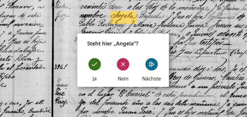 Ein Screenshot der Indexierung mit der Kurzprüfung von Namen auf der Seite „Mach mit“ von FamilySearch