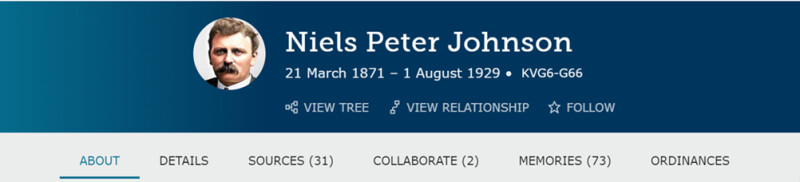 Screenshot of the new about tab on FamilySearch person pages.