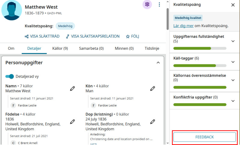 skärmdump av en personsida på FamilySearch.org som visar att du kan ge feedback om datakvalitetspoängen