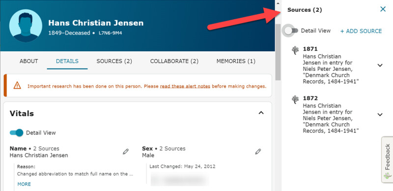 Screenshot showing the sources sidebar for the Details tab on FamilySearch.org.