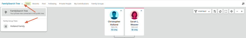 Screenshot of navigation between the worldwide Family Tree and a Family Group Tree on FamilySearch.org.