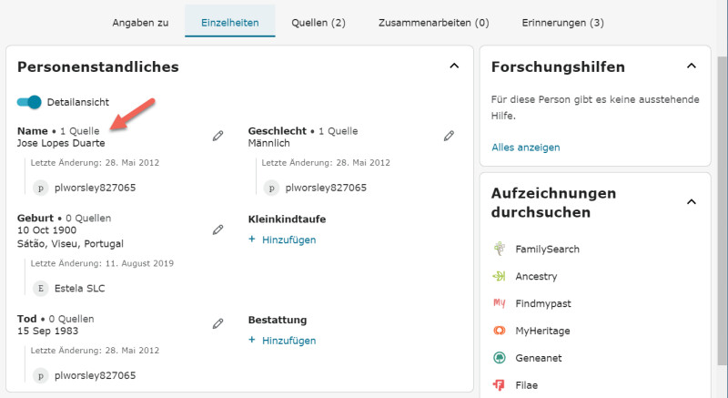 Screenshot mit Verweis auf Quellen auf FamilySearch.org