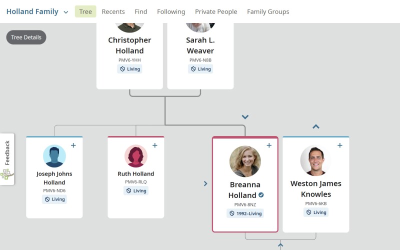 Screenshot of a family group tree on FamilySearch.org.
