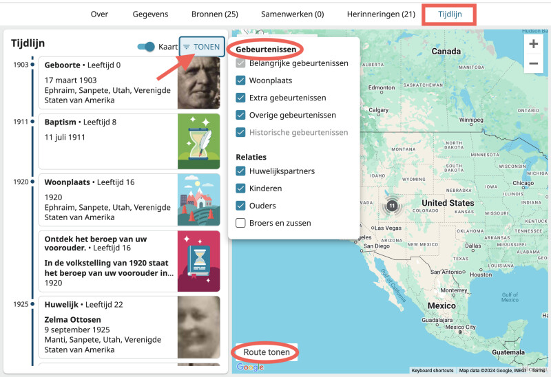Een screenshot van het tabblad Tijdlijn op de persoonspagina van Ralph William Poulson.