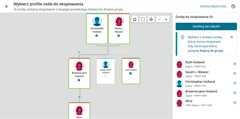 Zrzut ekranu przedstawiający użytkownika kopiującego informacje o osobach żyjących z ogólnoświatowego Drzewa genealogicznego do Drzewa grupy rodzinnej.