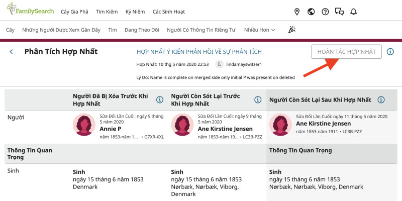 Ảnh chụp màn hình nút Hoàn Tác Hợp Nhất trong dạng xem Phân Tích Hợp Nhất.