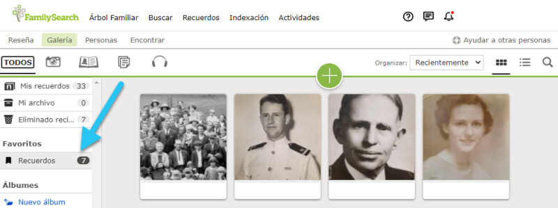 Captura de pantalla del enlace de Marcadores de la página de Recuerdos de FamilySearch.
