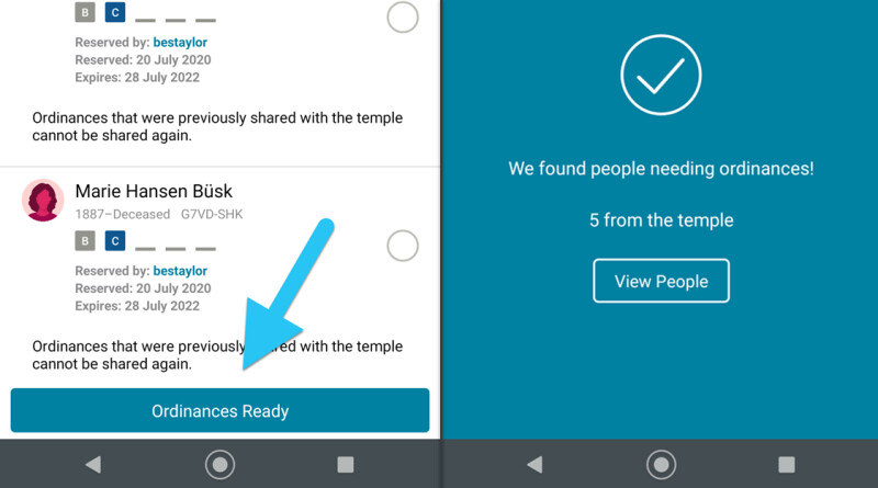Screenshots of the Ordinances Ready app showing how to find temple names.
