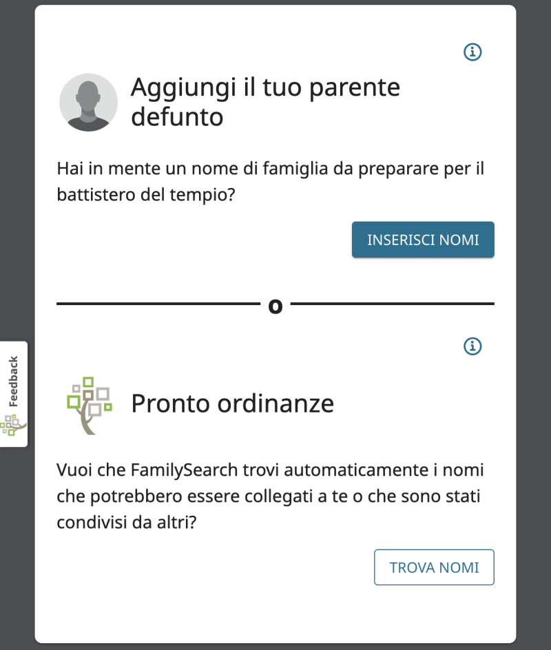 Schermata dello strumento Aiuto con i nomi di famiglia utilizzato per aiutare un membro a stampare un nome di famiglia per i battesimi per procura per la prima volta.
