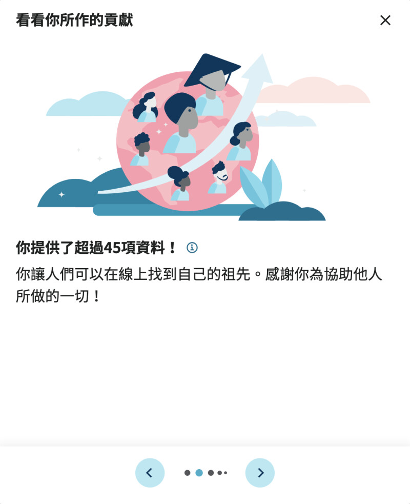 顯示使用者透過「一起參與」義工經驗所提供的貢獻數據的螢幕擷取畫面。