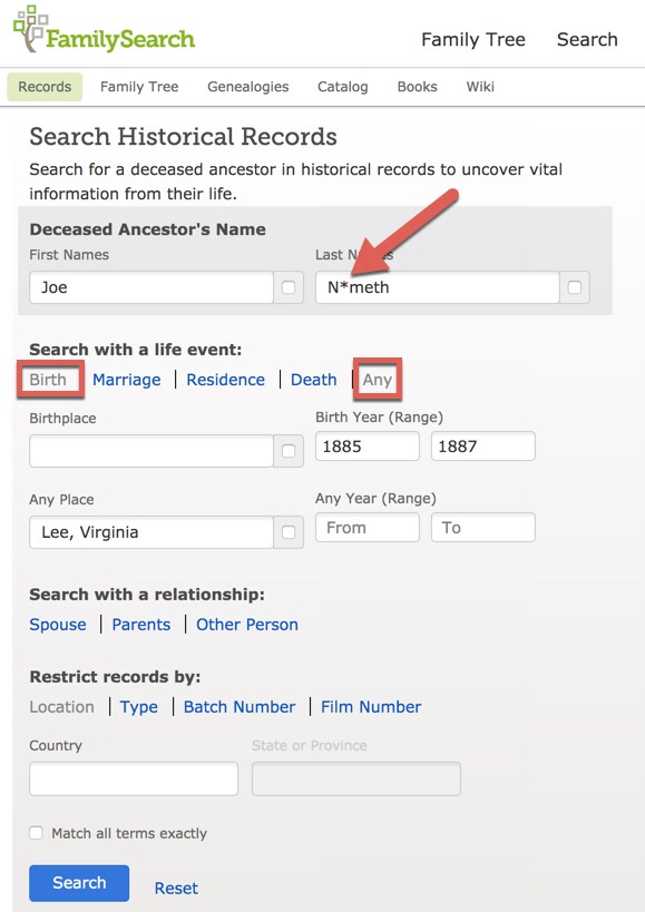 Screenshot of search page on FamilySearch.