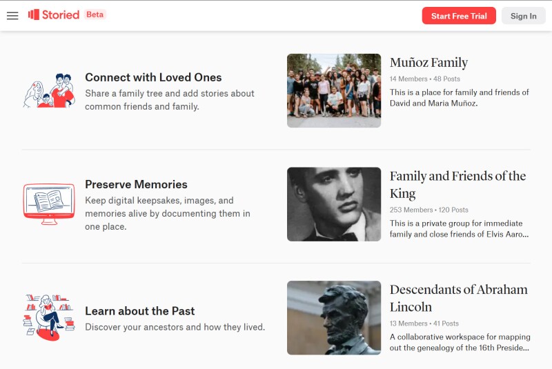 Screenshot of the Groups page on Storied.com, with large groups for descendants of Abraham Lincoln and friends and family of Elvis Presley.