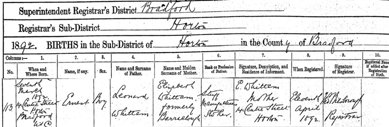 a historic english birth record.