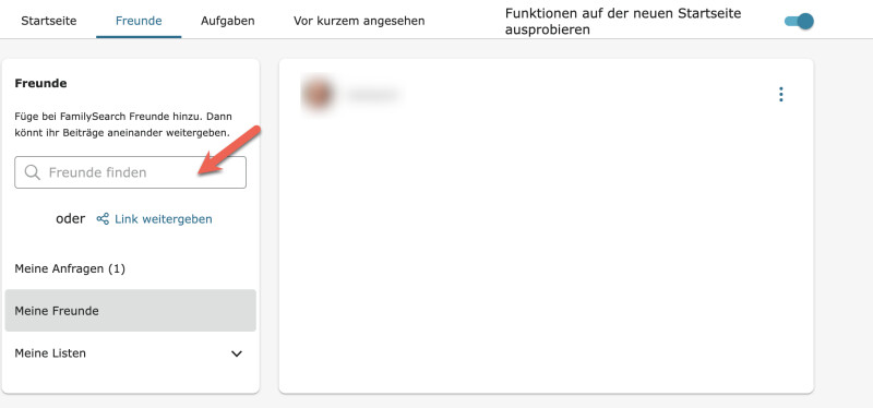 Screenshot davon, wie man jemanden der Freundesliste bei FamilySearch hinzufügt
