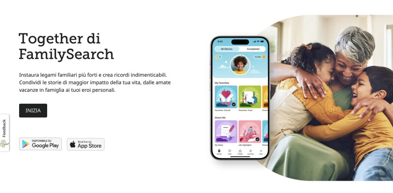 Schermata della pagina di download dell'app Together sul sito web di FamilySearch