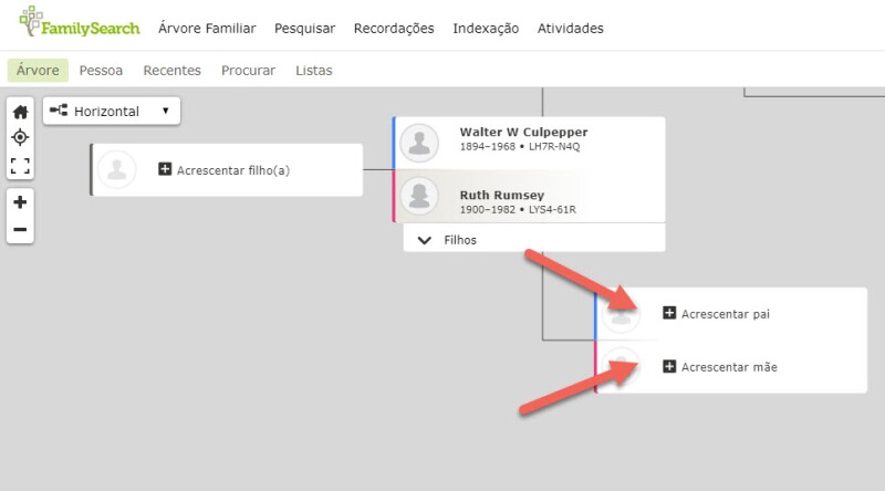 Captura de tela dos botões “Acrescentar pai” e “Acrescentar mãe” no FamilySearch.