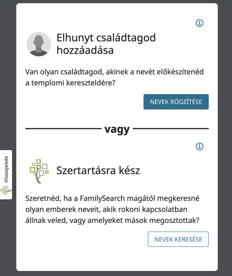 Képernyőkép a Családinév-támogatás eszközéről, amely arra szolgál, hogy segítsen az egyháztagoknak családi neveket nyomtatni helyettes általi keresztelésekhez