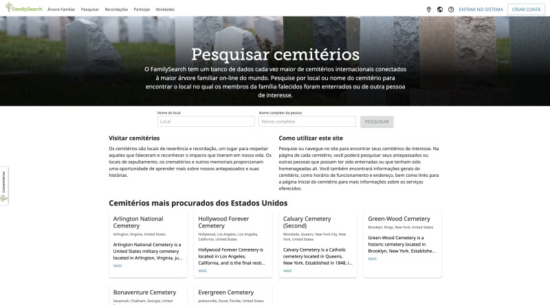 Tela do computador mostrando a experiência de Pesquisa de Cemitérios do FamilySearch.