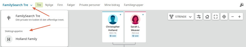 Skjermbilde av navigasjon mellom det verdensomspennende Slektstreet og Slektsgruppetreet på FamilySearch.org.