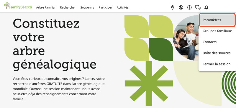 Page d'accueil de FamilySearch. Le nom d'utilisateur en haut à droite a été sélectionné. L'option déroulante « Paramètres » a été encadrée en rouge.