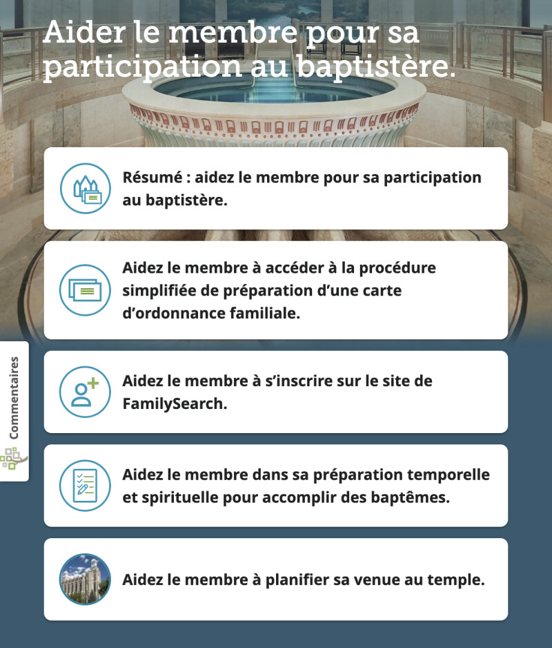 Copie d’écran de l’outil utilisé pour aider un membre à imprimer une carte d’ordonnances familiales pour des baptêmes par procuration pour la première fois.