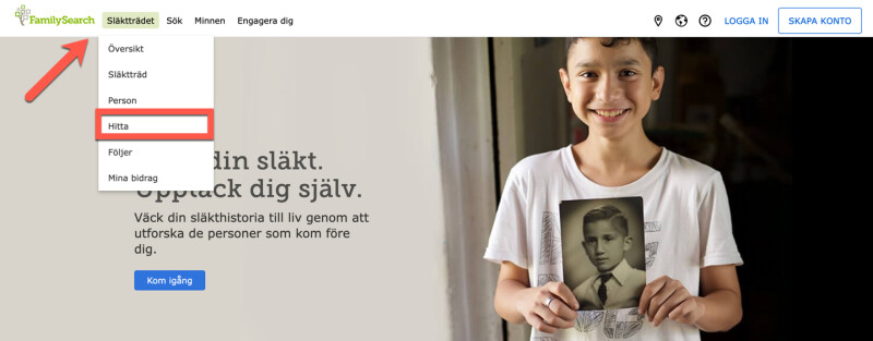Skärmbild av FamilySearch.org som visar hur du hittar Släktträdet i huvudmenyn.
