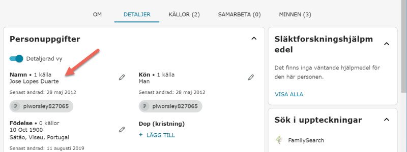 Skärmdump av markör för källtaggning på FamilySearch.org
