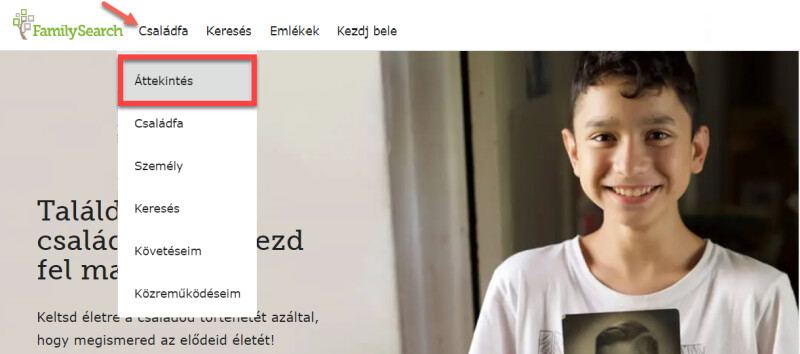 Képernyőkép a FamilySearch navigációs menüjéről.