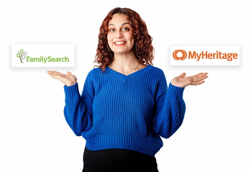 En kvinne som trekker på skuldrene med hendene i været, og viser FamilySearch-logoen i den ene hånden og MyHeritage-logoen i den andre.