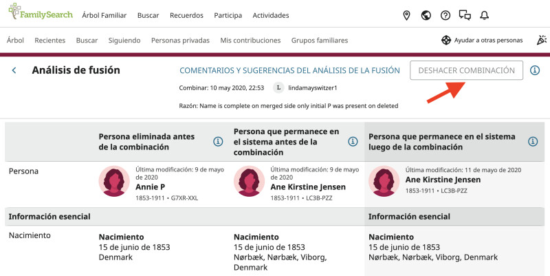 Captura de pantalla del botón Deshacer combinación en la vista Análisis de fusión.