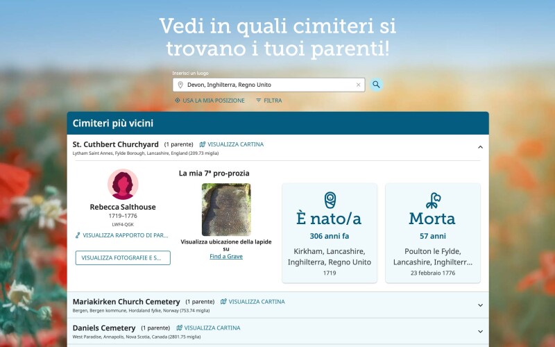 Uno screenshot dell'esperienza Parenti nei cimiteri di FamilySearch