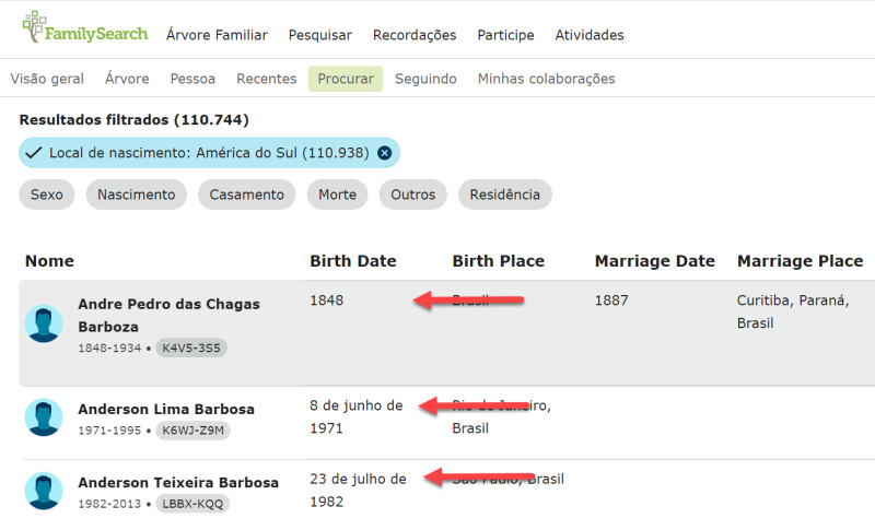 Resultados de pesquisa mostrando a visualização da página de dados onde todas as informações são facilmente comparadas linha por linha.