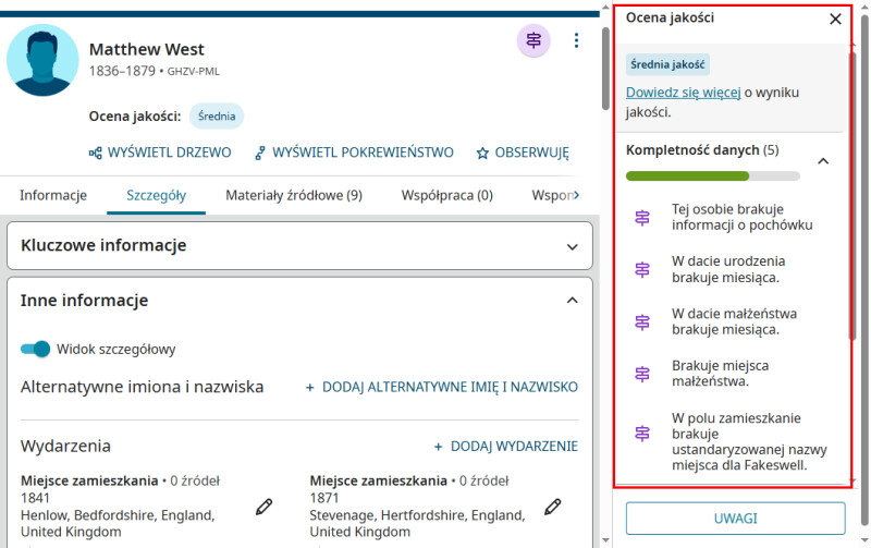 Zrzut ekranu z FamilySearch pokazujący sugestie dotyczące tego, jak poprawić ocenę jakości danych na stronie profilowej osoby