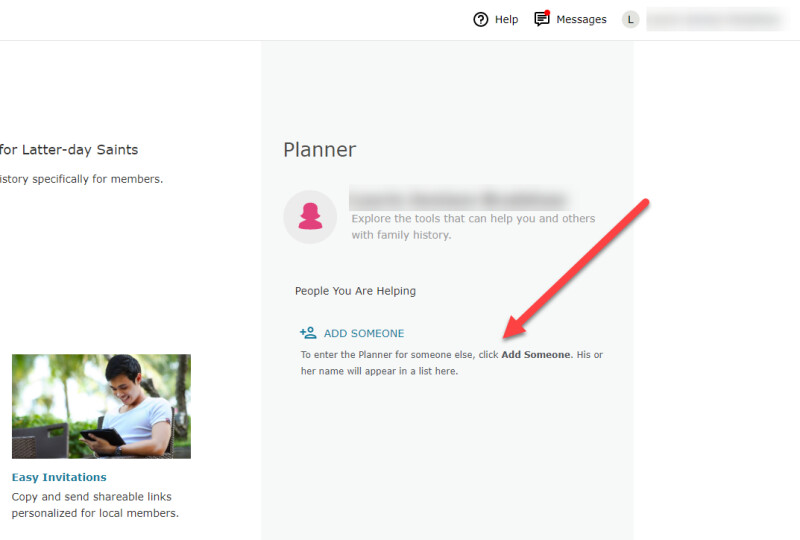 the helper panel on FamilySearch