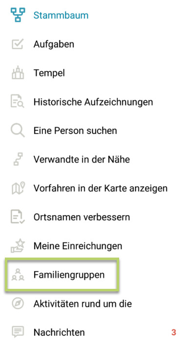 Tippen Sie in der Android-App oben links auf „Menü“, um zu den Familiengruppen zu gelangen.