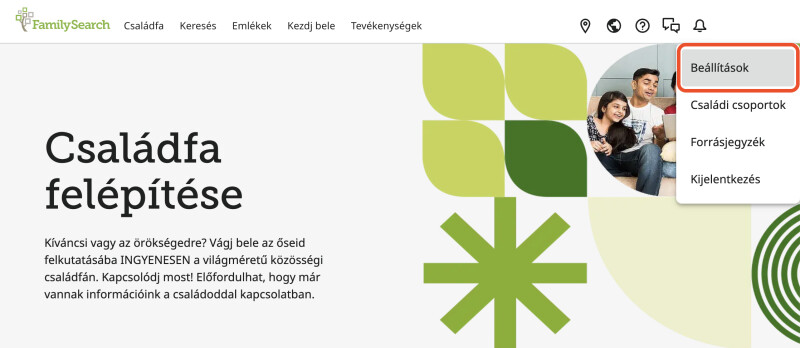 A FamilySearch kezdőlapja. A jobb felső sarokban lévő felhasználónevet már kiválasztották. A legördülő menü Beállítások opciója pirossal van bekeretezve