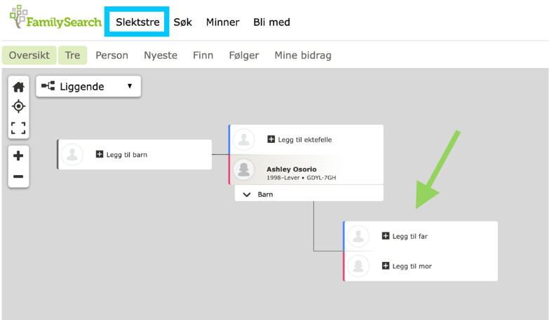 Skjermbilde av hvordan man legger til generasjoner på FamilySearch Slektstre.